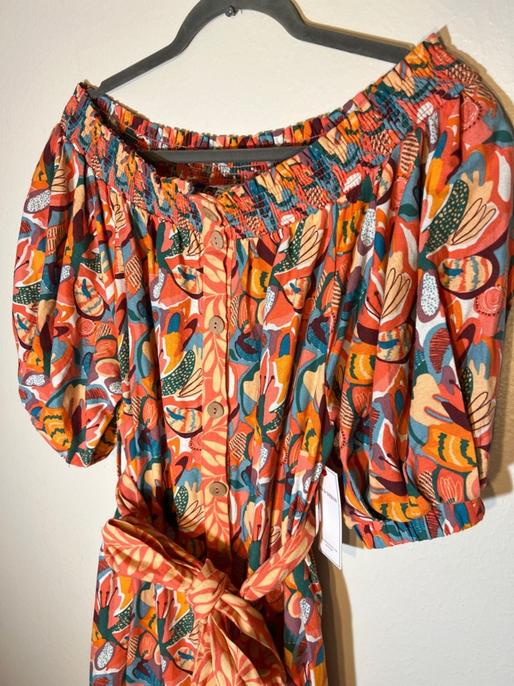 Aura Coral Aqua Multi-Print Off-Shoulder Puff Sleeve Maxi Linen Dress Tie S M - Picture 3 of 7